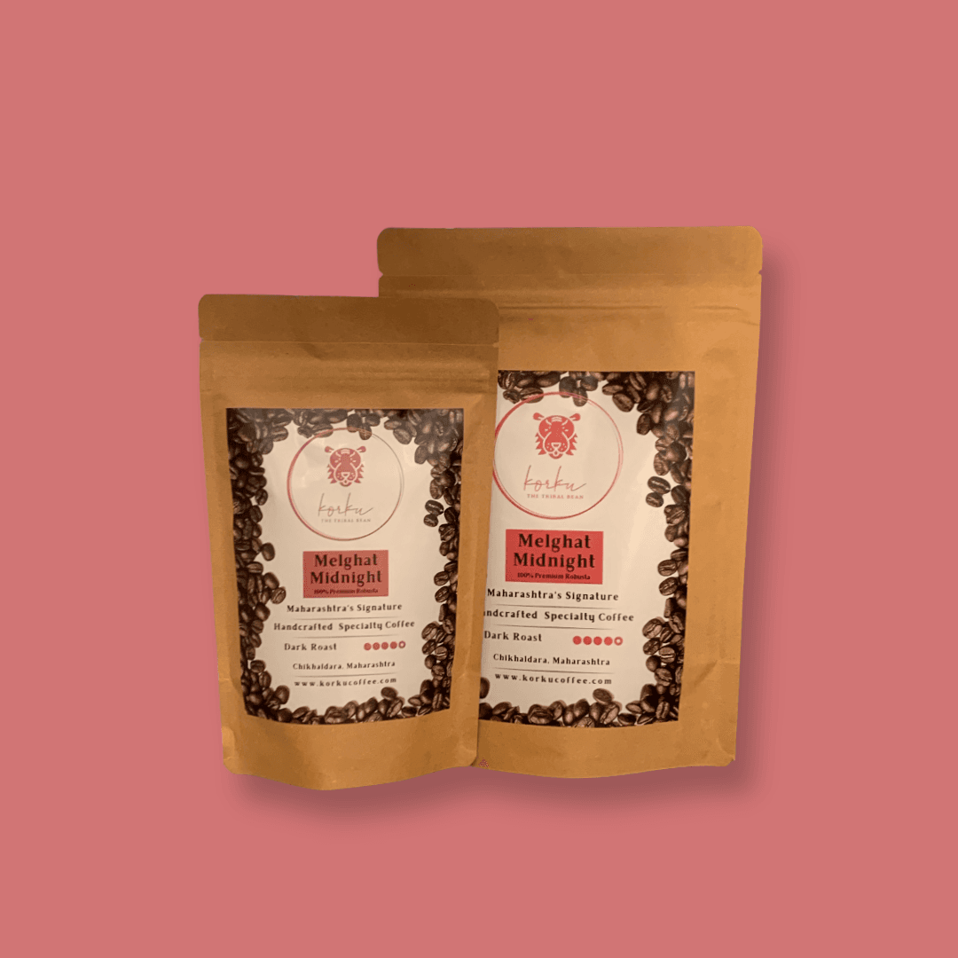 Melghat Midnight Korku Coffee packs on their original dusty pink background